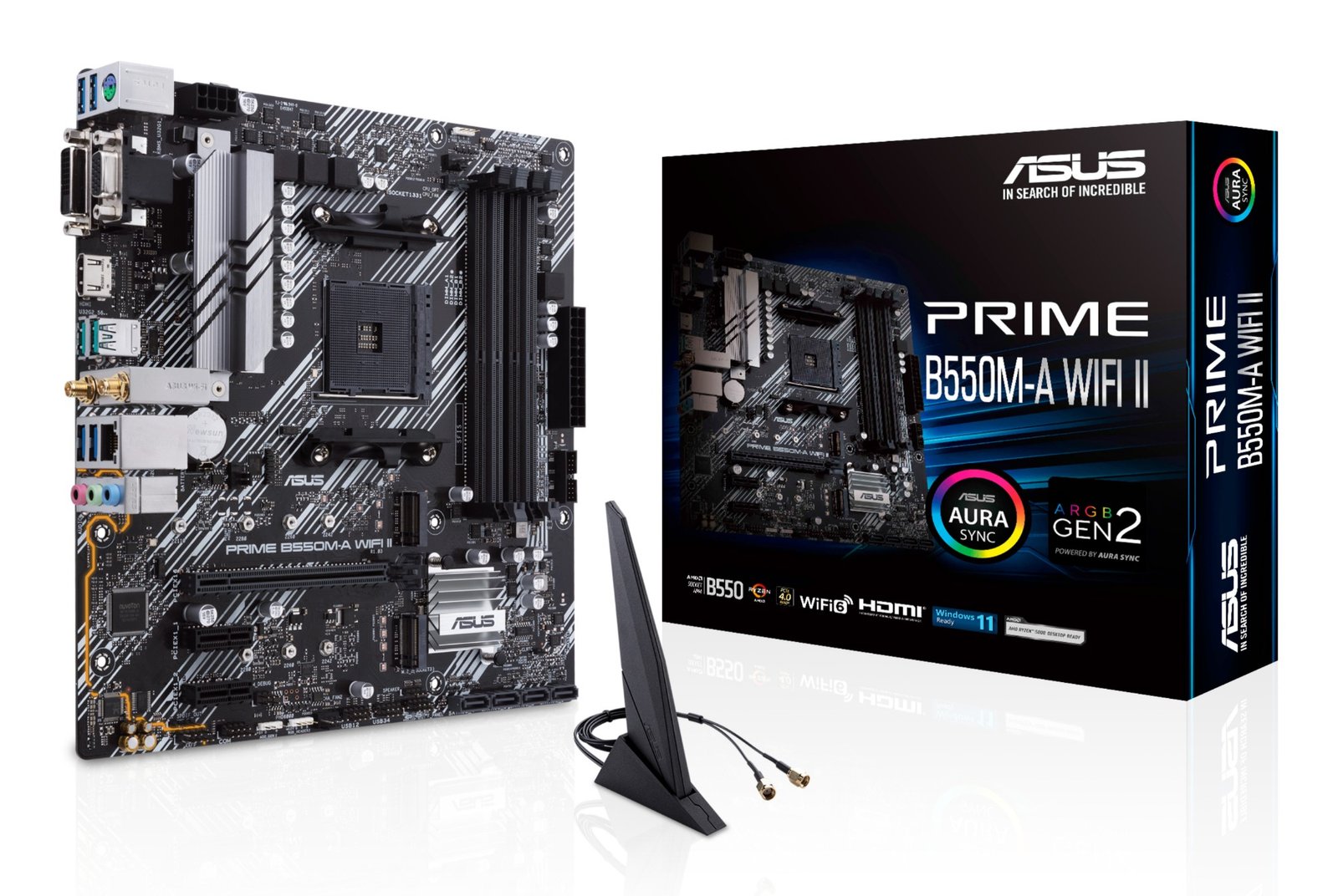 PRIME B550M-A WIFI II ASUS Prime B550M-A WiFi II AMD AM4 (3rd Gen Ryzen) Micro ATX motherboard (PCIe 4.0, WiFi 6, ECC memory, 1Gb LAN, HDMI 2.1/D-Sub, 4K@60HZ, Addressable Gen 2 RGB header and Aura Sync) - Image 1