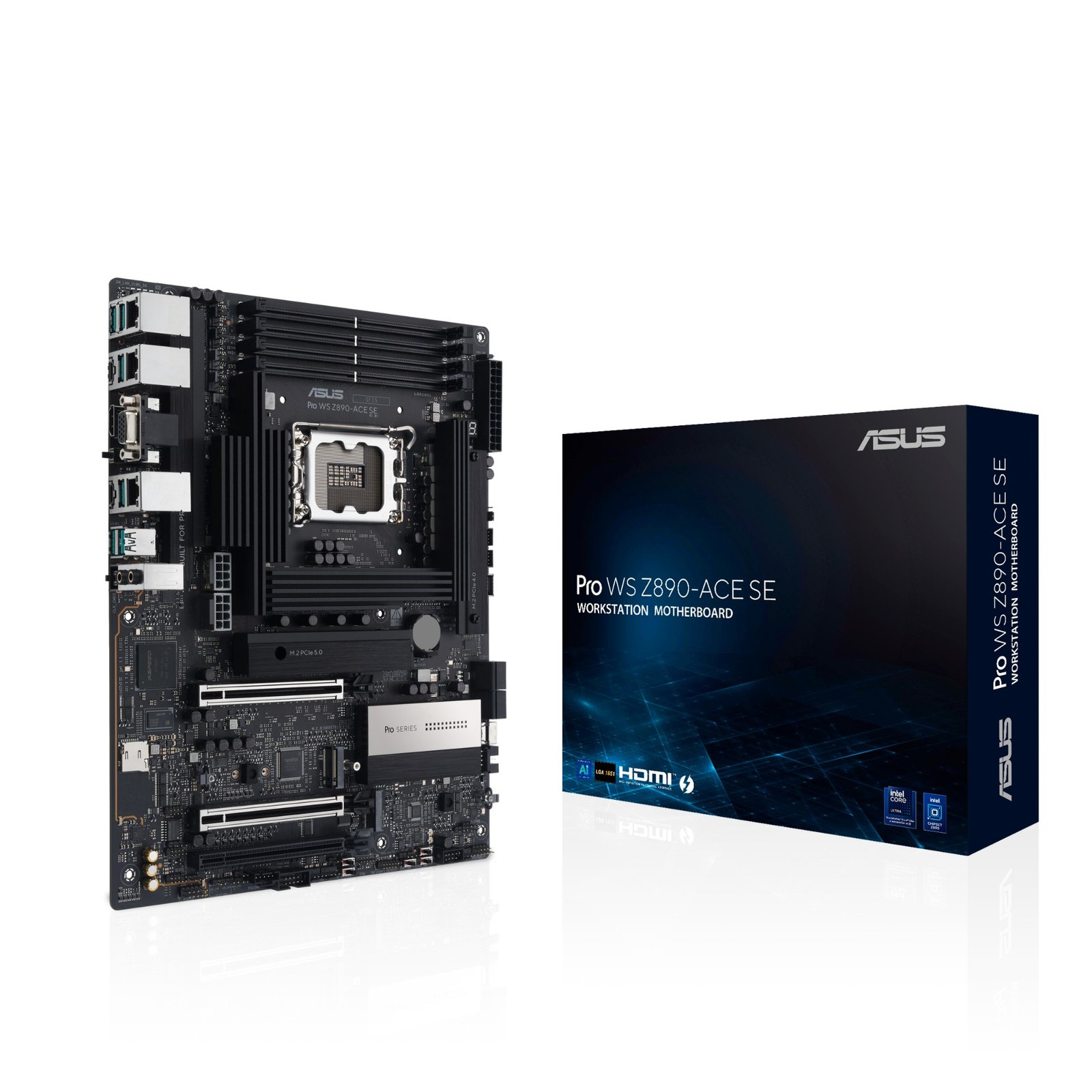 PRO WS Z890-ACE SE ASUS Pro WS Z890-ACE SE Z890 LGA 1851 ATX motherboard, Intel Core Ultra Series 2 Ready, Advanced AI PC-ready, PCIe 5.0, DDR5 , 10G & 2.5G LAN, 4x M.2, USB 20Gbps, Thunderbolt 4, onboard BMC, AI OC, 3 Years - Image 1