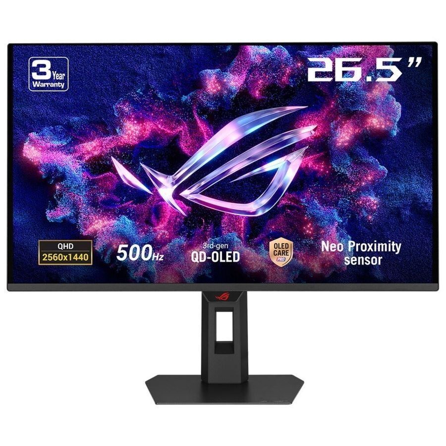 XG27AQDPG ASUS ROG Strix 27in 1440P QD-OLED Gaming Monitor (XG27AQDPG) - 500Hz, 0.03ms, Neo Proximity Sensor, G-SYNC Compatible, DisplayHDR500 True Black, 99% DCI-P3, True 10-bit, DisplayWidget, 3 yr warranty - Image 1